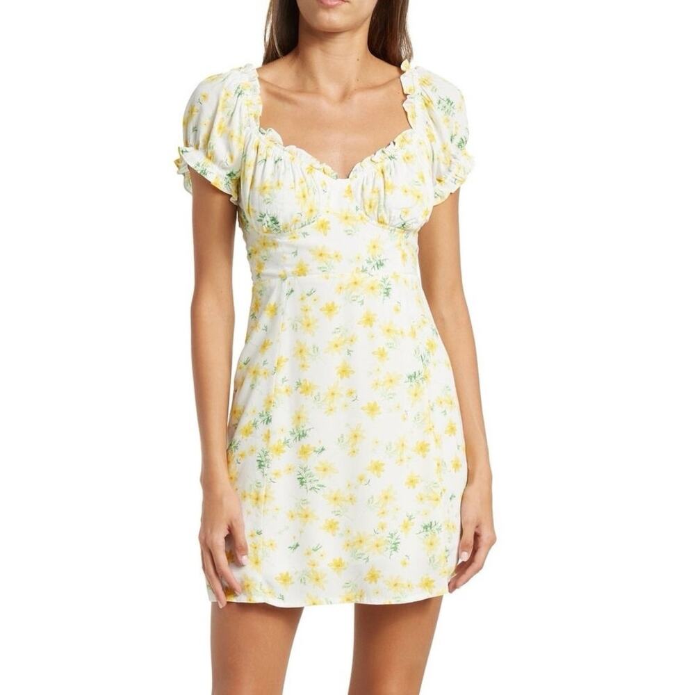 Large Sophie Rue Rayon Puff Sleeve Mini Dress Butter Yellow Floral Sundress
